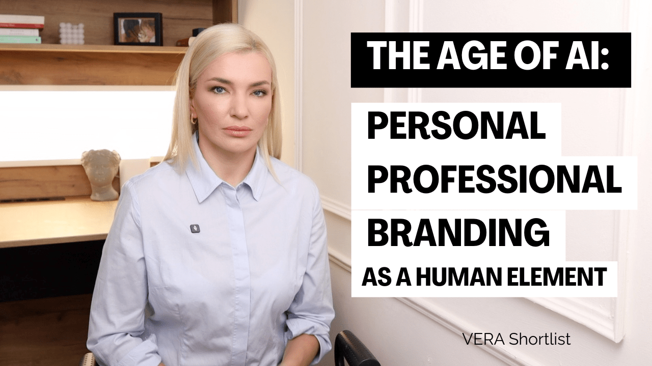 Portrait of a professional woman seated in a modern office setting with overlay text: ‘THE AGE OF AI: PERSONAL PROFESSIONAL BRANDING AS A HUMAN ELEMENT.