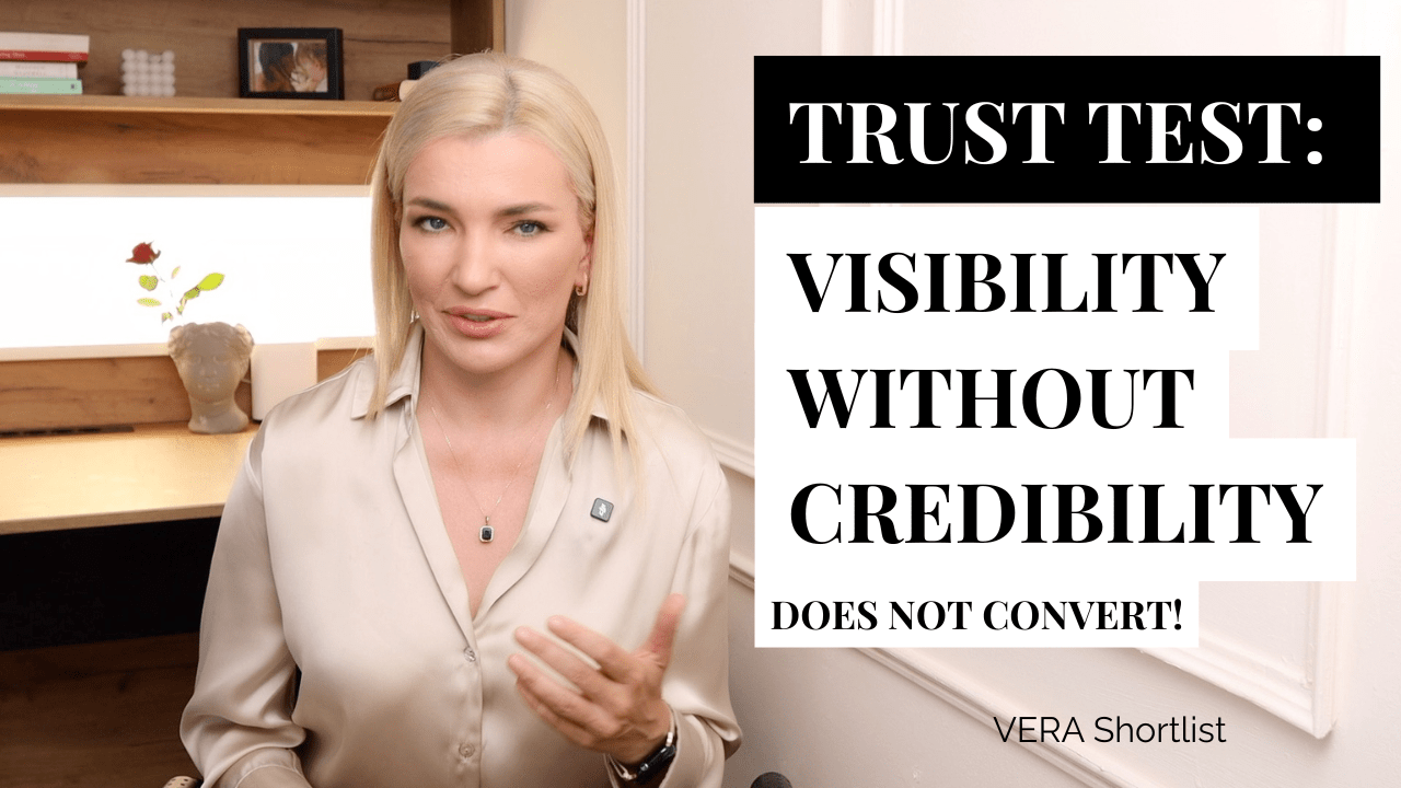 resenter in a home office setting next to bold overlay text: ‘TRUST TEST: VISIBILITY WITHOUT CREDIBILITY DOES NOT CONVERT!’